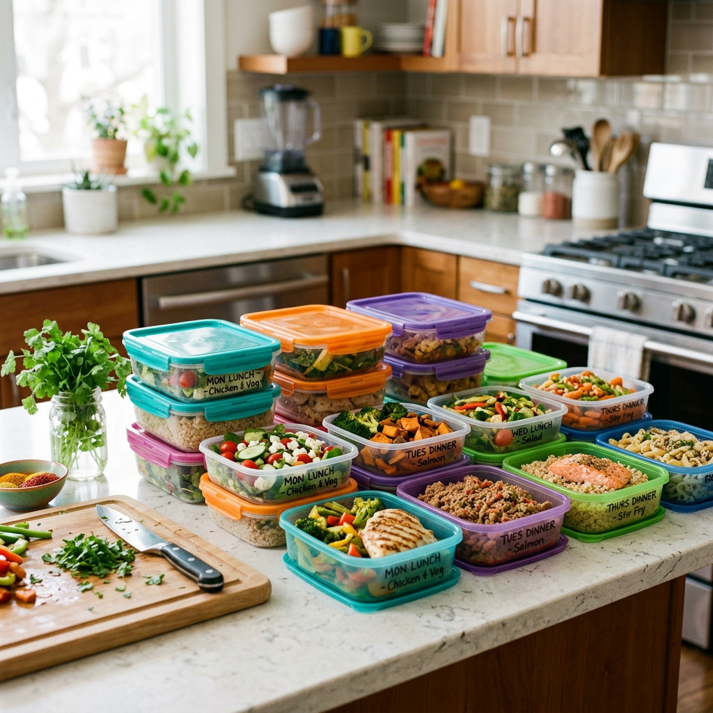 Stacked and arranged plastic containers labeled with weekly meals including chicken, salmon, salad, and stir fry